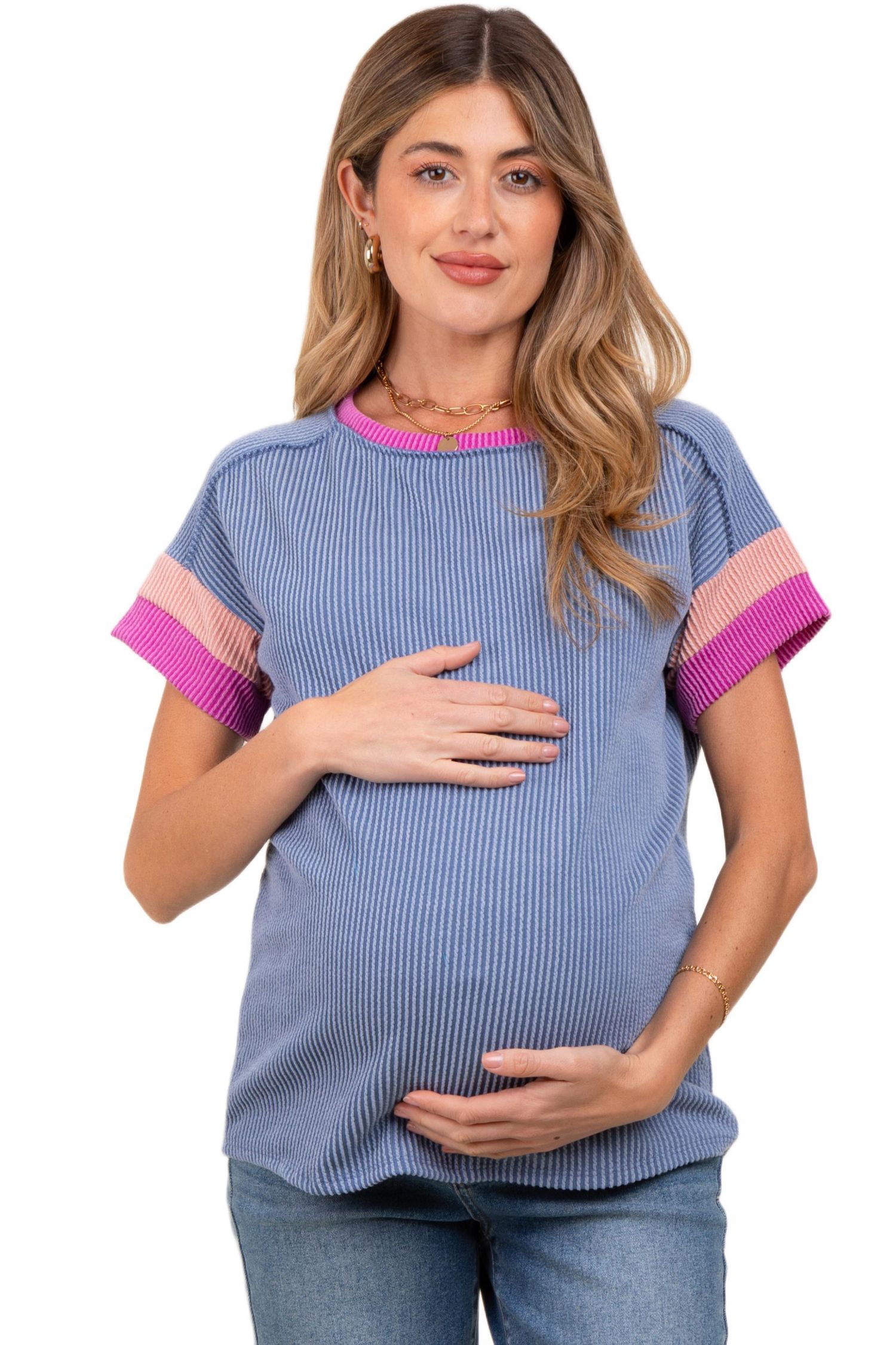 Women's Green Ribbed Colorblock Detail Short Sleeve Top