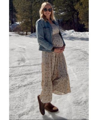 Maternity Cream Floral Smocked Long Sleeve Maxi Dress