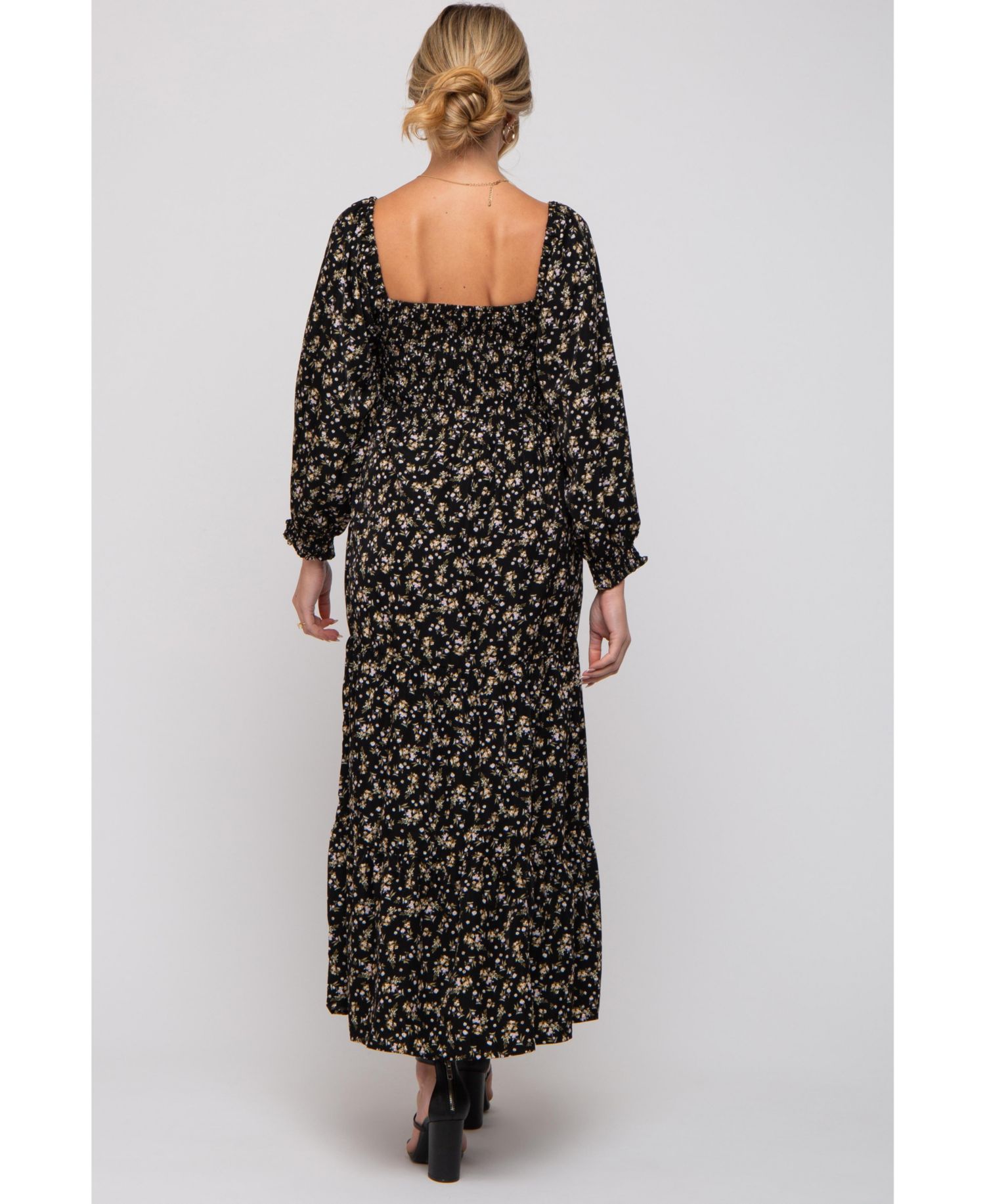 Women's Black Floral Smocked Long Sleeve Maxi Dress