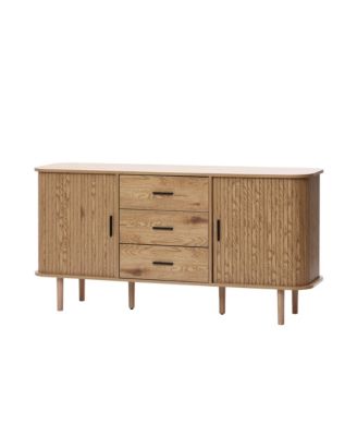 Oak Finish MDF Wood 3-Drawer Sideboard Cabinet with Sliding Doors & Rounded Corners
