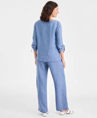 Women's 100% Linen Floral-Embroidered 3/4-Sleeve Top, Macy's Exclusive