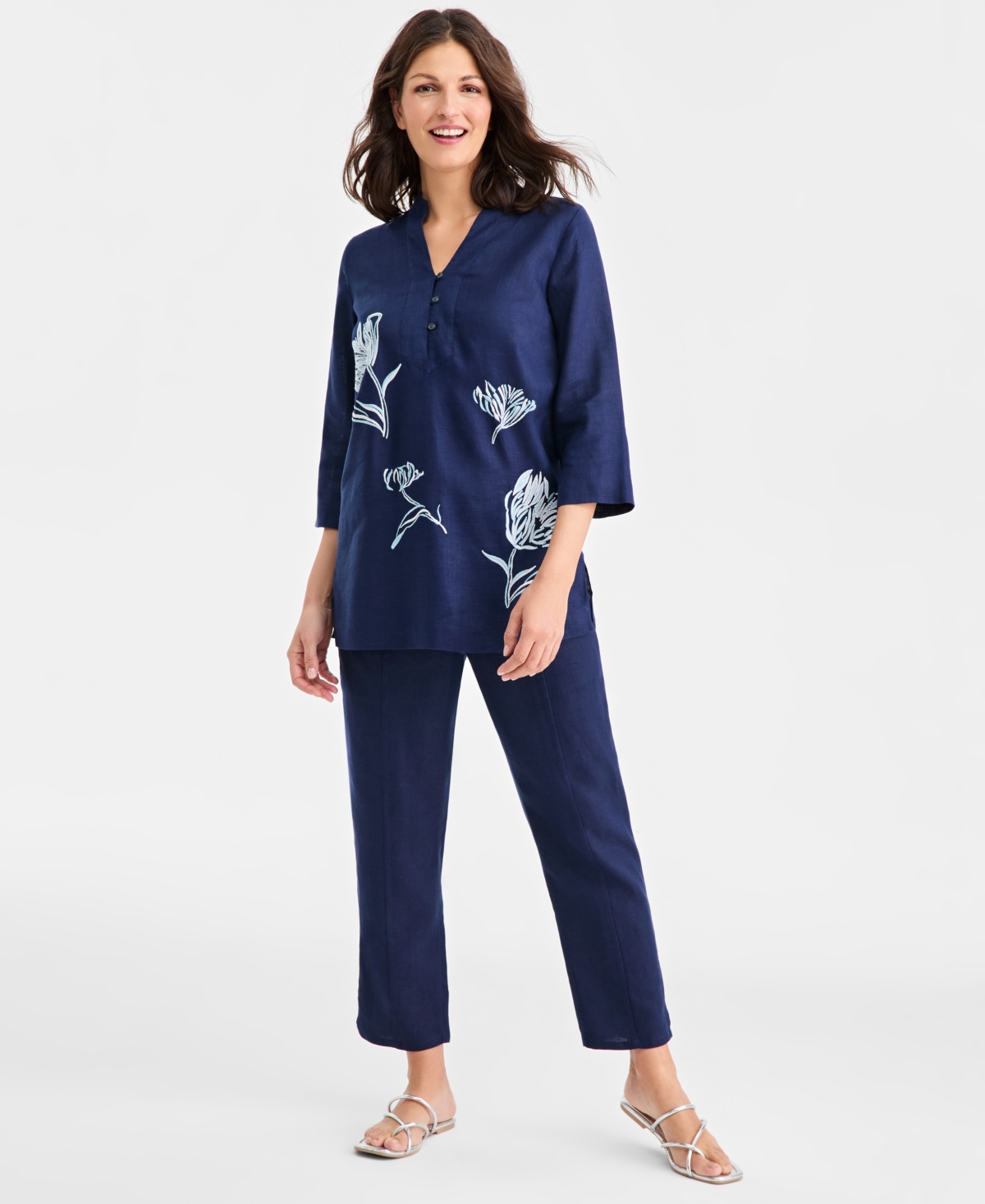 Charter Club Women's 100% Linen Embroidered-floral 3/4-sleeve Tunic, Macy's Exclusive In Blue