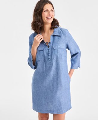 Women's 100% Linen Lace-Up 3/4-Sleeve Utility Dress, Macy's Exclusive
