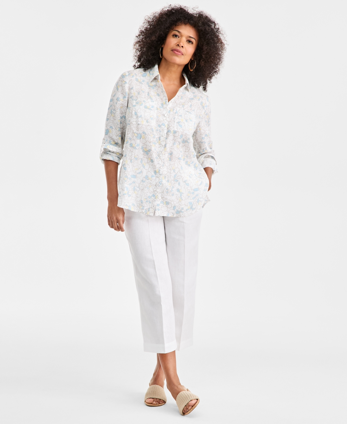 Charter Club Women's 100% Linen Floral Roll-tab-sleeve Shirt, Macy's Exclusive In Blue