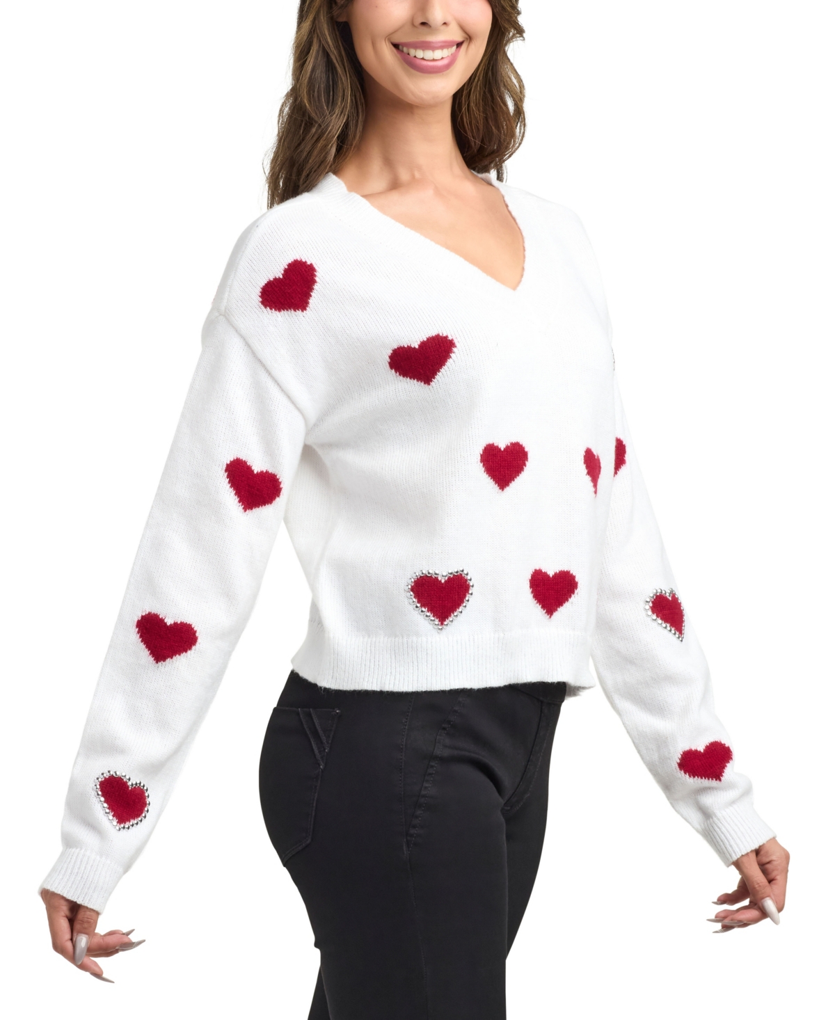 Bcx Women's V-Neck Pull-On Heart Sweater