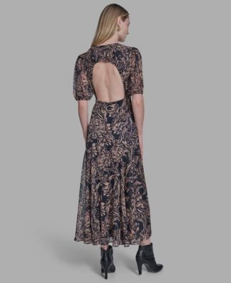 Women's Chiffon Puff Sleeve Open-Back Midi Dress