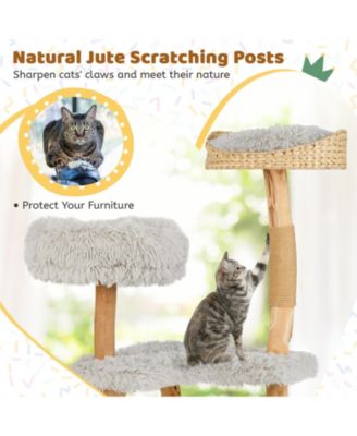 49'' Tall Wooden Cat Tree Solid Wood Cat Tower w/ Jute Scratching Posts