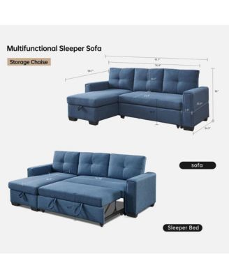 Tufted Sectional Chaise Sofa Sleeper with Storage in Blue