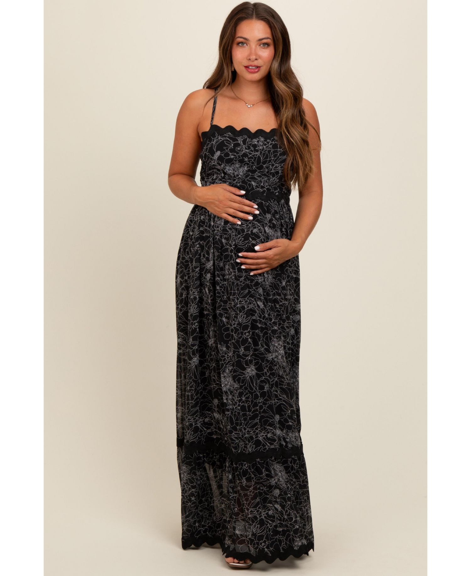 Women's Black Floral Contrast Trim Maxi Dress