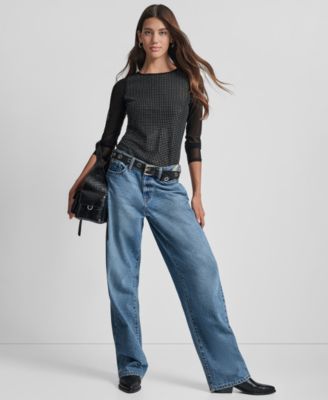 Women's Dome Studs Mesh Long Sleeve Slim Fit Top