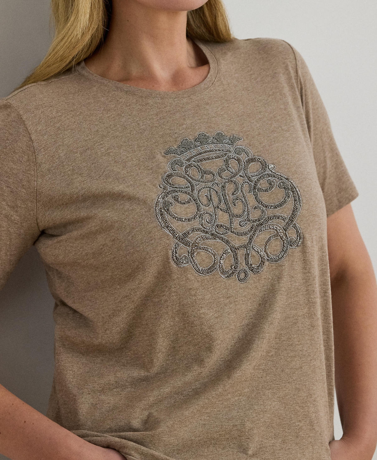 Ralph Lauren Plus Size Beaded-crest Cotton Jersey T-shirt In Gray