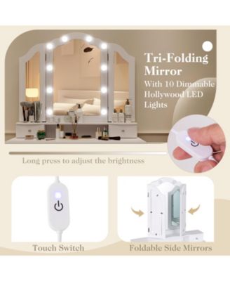 2Pc Lighted Mirror and Drawers Makeup Vanity Table Set