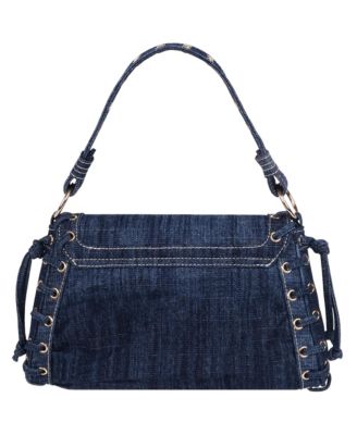 Studded Horseshoe Eyelet Denim Flap Bag