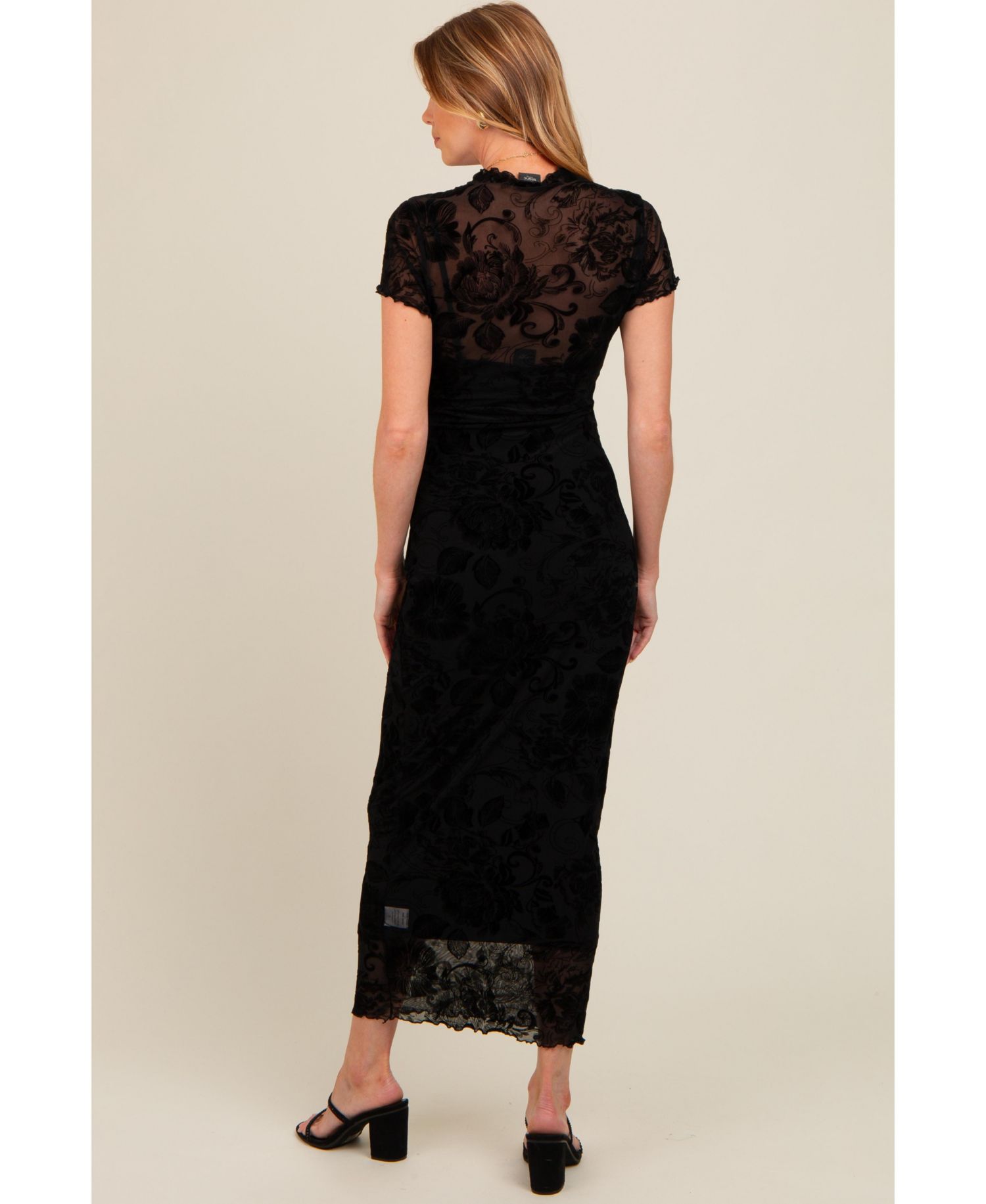 Women's Black Floral Mesh Overlay Fitted Maxi Dress