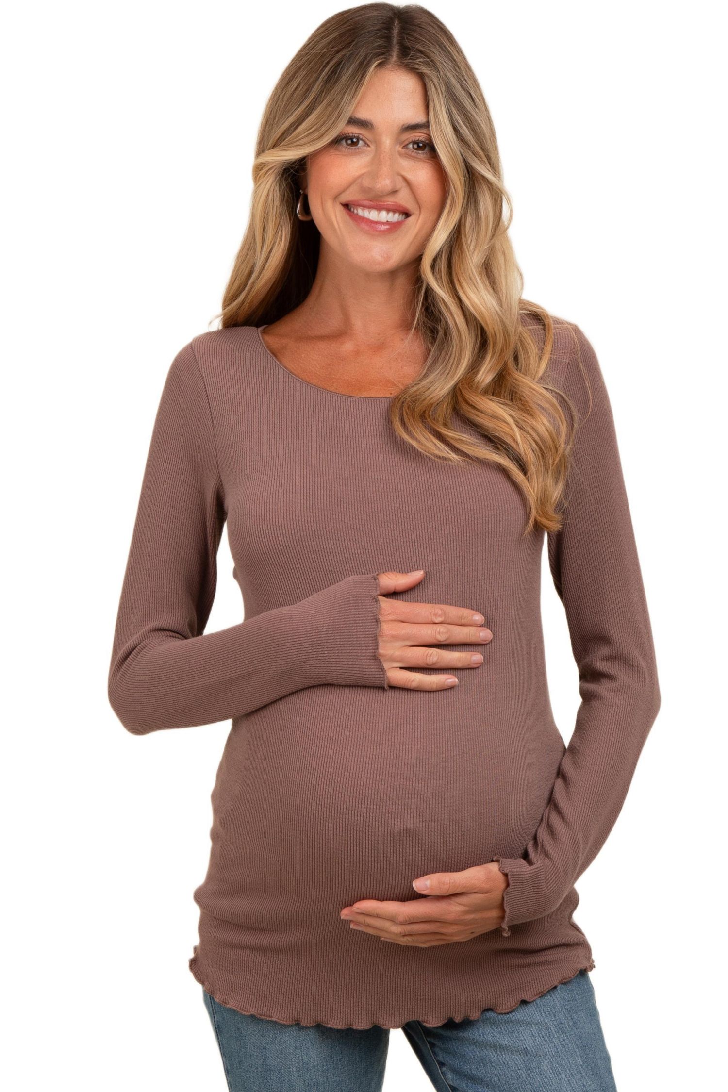 Women's Charcoal Ribbed Knit Long Sleeve Lettuce Hem Top