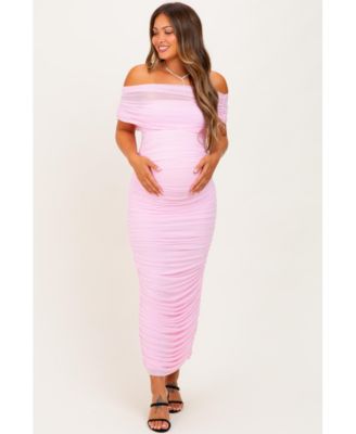 Maternity Light Pink Ruched Mesh Foldover Off Shoulder Maxi Dress