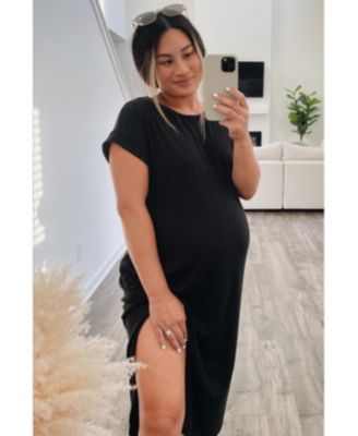 Maternity Black Ribbed Curved Hem Midi Dress