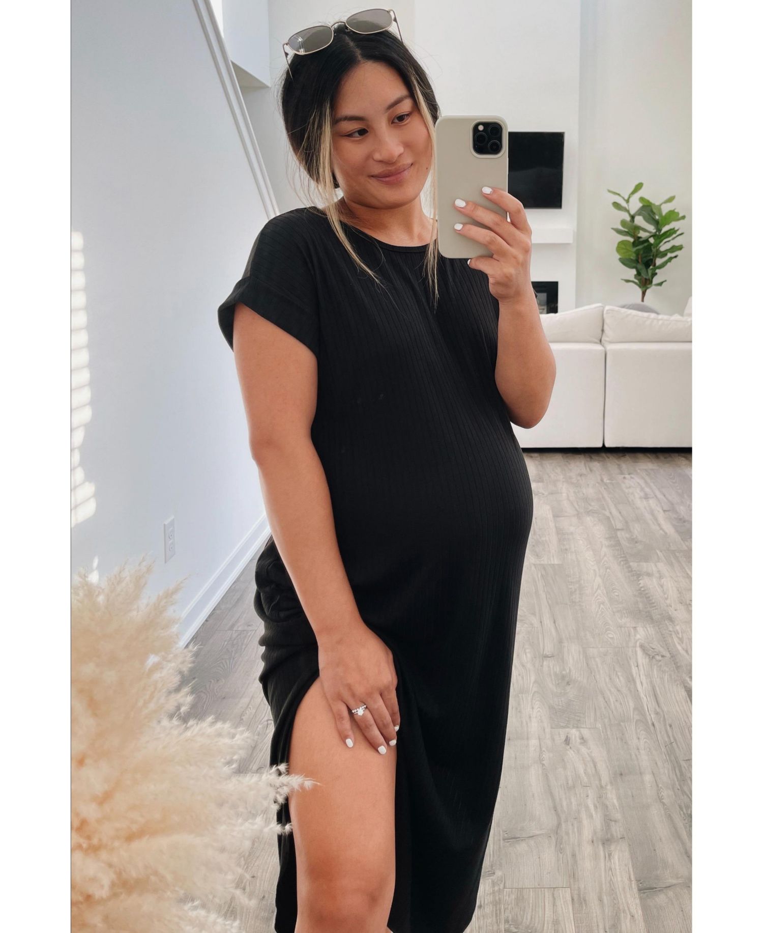Women's Black Ribbed Curved Hem Midi Dress