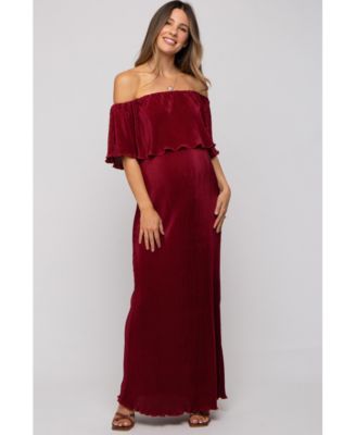 Maternity Forest Green Pleated Ruffle Off Shoulder Maxi Dress