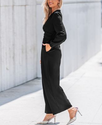 Women's Plunging Long Sleeve Wide Leg Jumpsuit