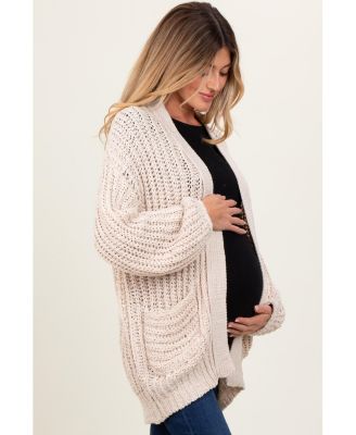 Maternity Beige Chunky Knit Oversized Pocket Cardigan
