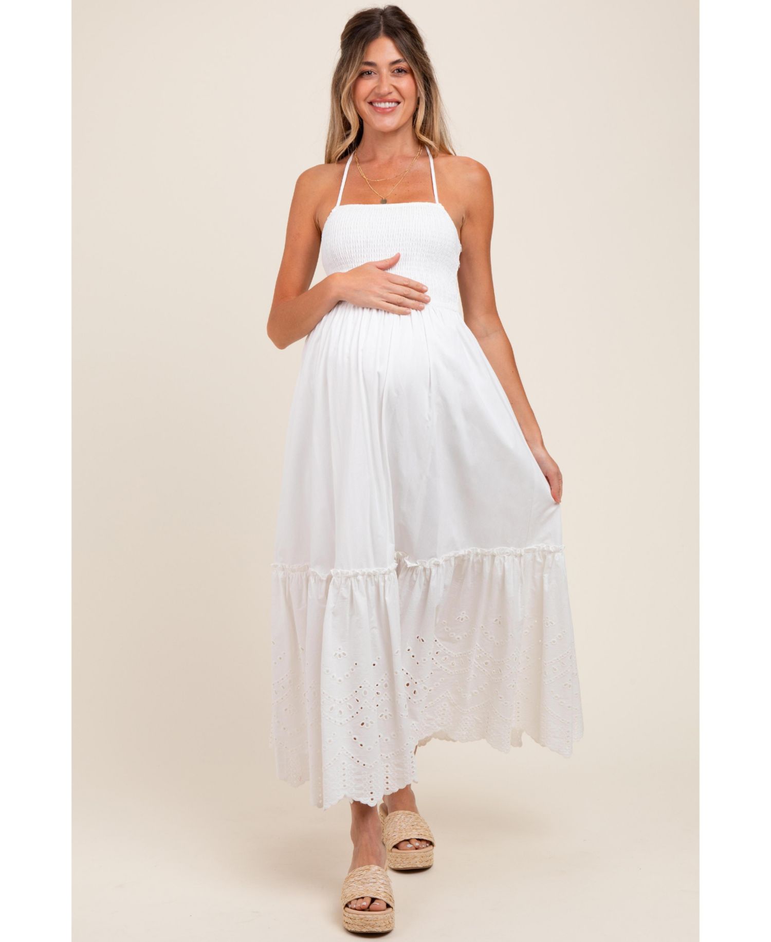 Women's White Smocked Open Back Lace Hem Maxi Dress