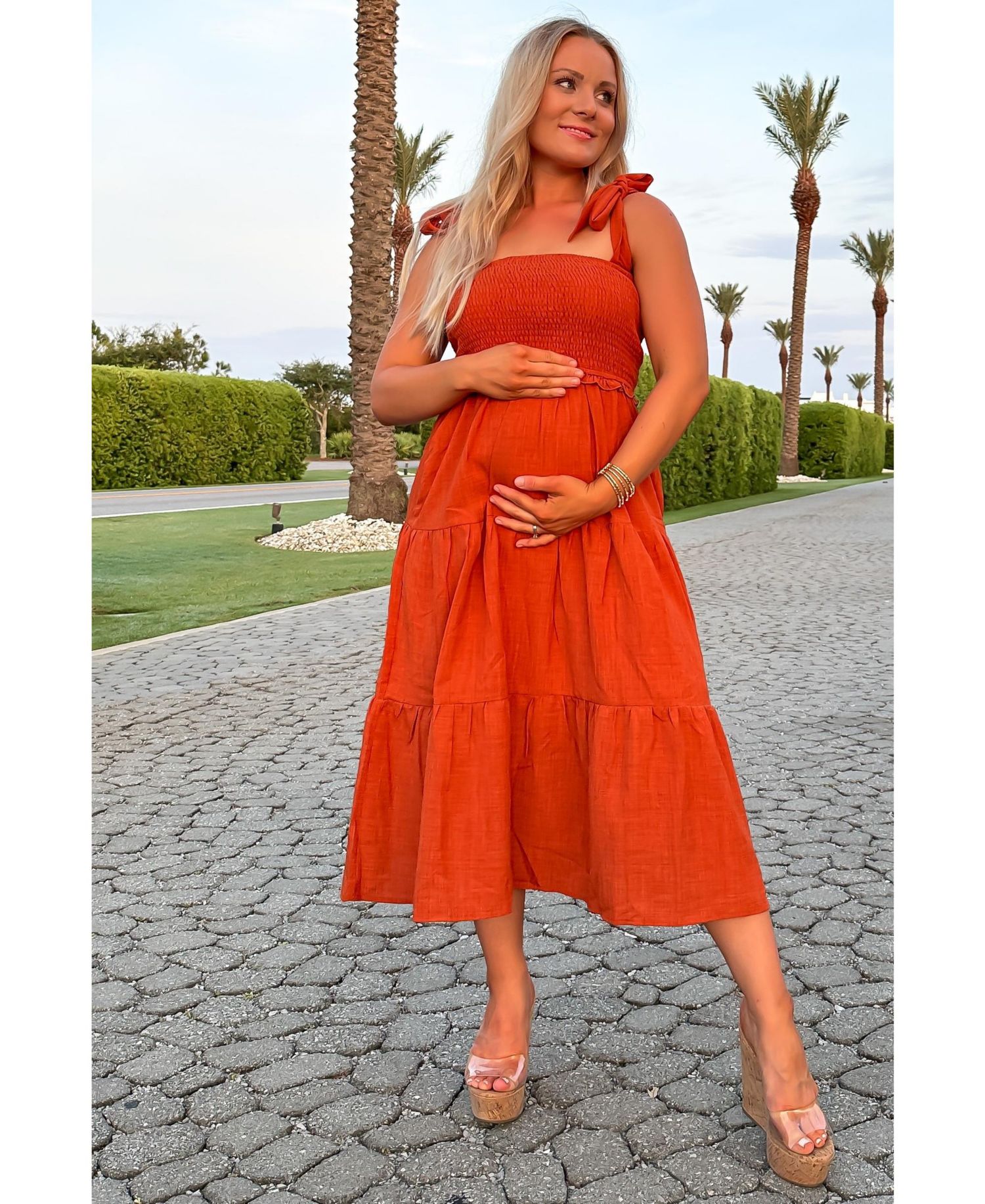 Women's Rust Bow Strap Tiered Midi Dress