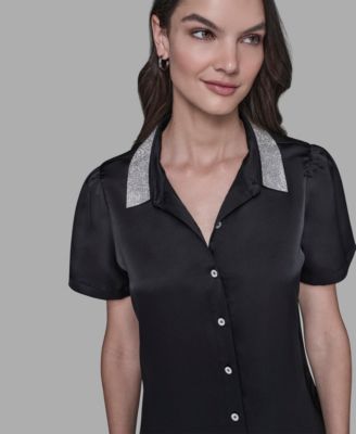 Women's Collar Embellished Short Sleeve Top