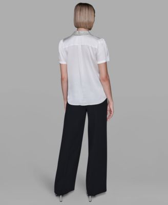 Women's Collar Rhinestone Embellished Short Sleeve Top