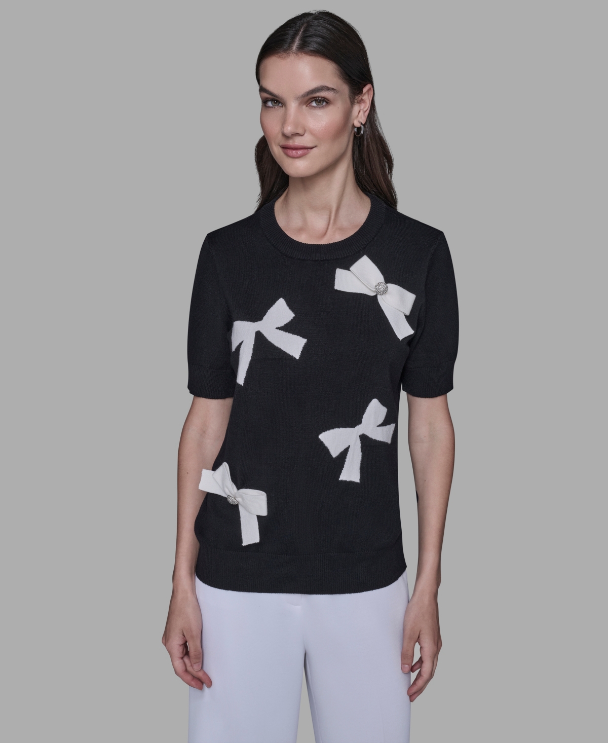 Karl Lagerfeld Women's Short Sleeve Bow Applique Detail Sweater In Multi