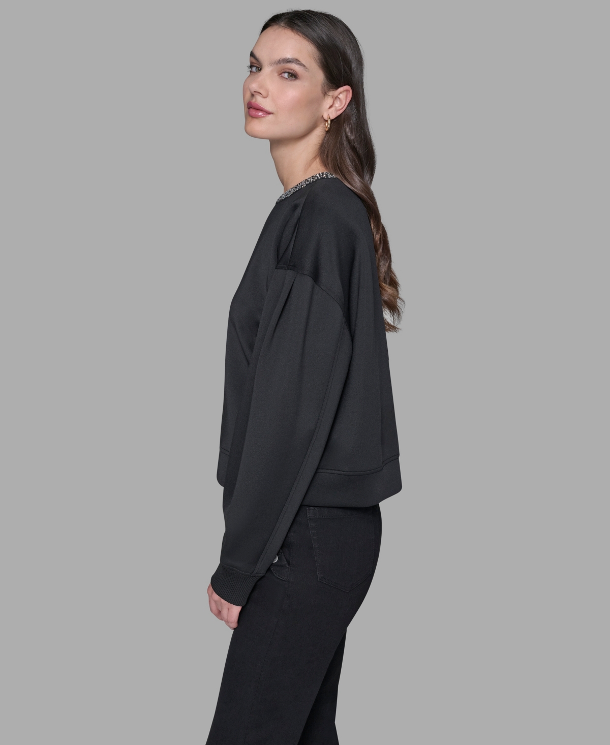 Karl Lagerfeld Paris Women's Crewneck Crystal Neck Top