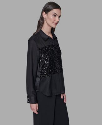 Women's Collar Sequin Detail Top