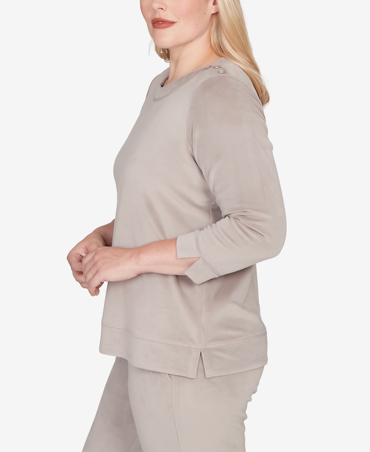 Alfred Dunner Petite Calm Luxe Shoulder Button Top In Gray