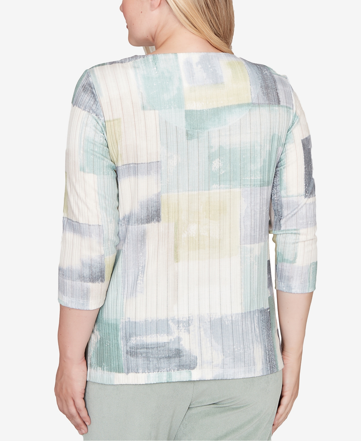 Alfred Dunner Stockbridge Soft Colorblock Rib Texture Knit Top In Green