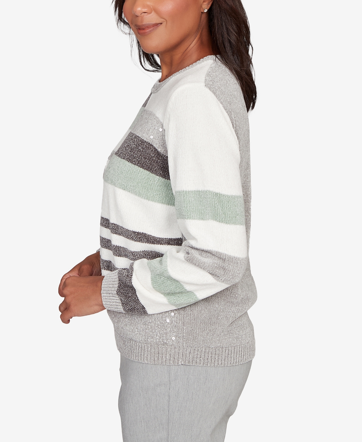 Alfred Dunner Stockbridge Stripe Sequin Colorblock Chenille Sweater In Gray