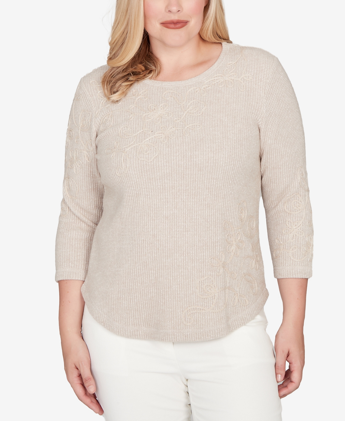 Alfred Dunner Vienna Asymmetrical Floral Soutache Knit Top In Neutral