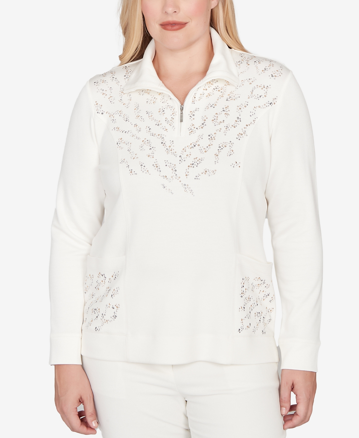 Alfred Dunner Vienna Metallic Studded Animal Pattern Knit Top In White
