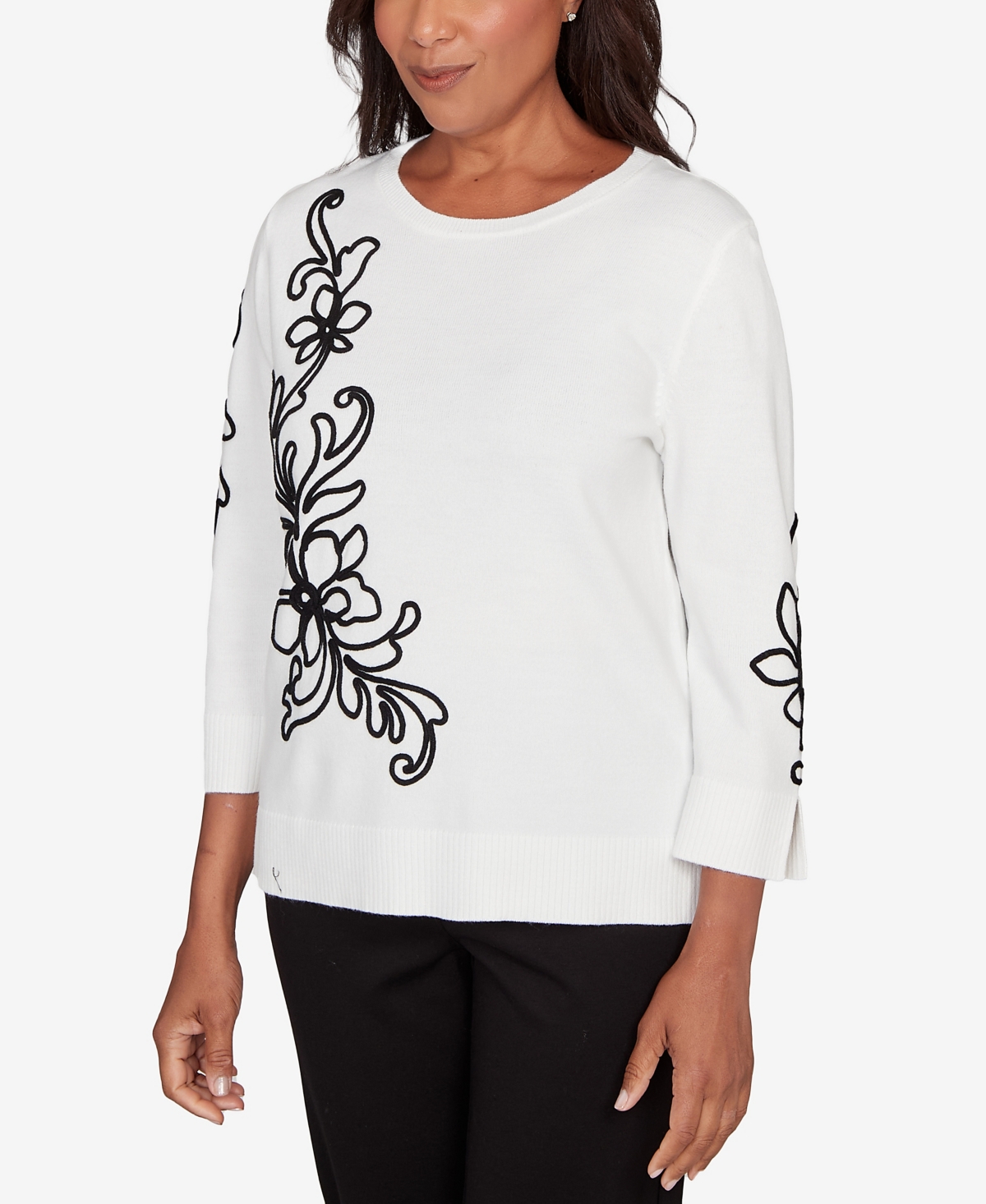 Alfred Dunner Plus Size Barcelona Floral Soutache Lightweight Sweater In White