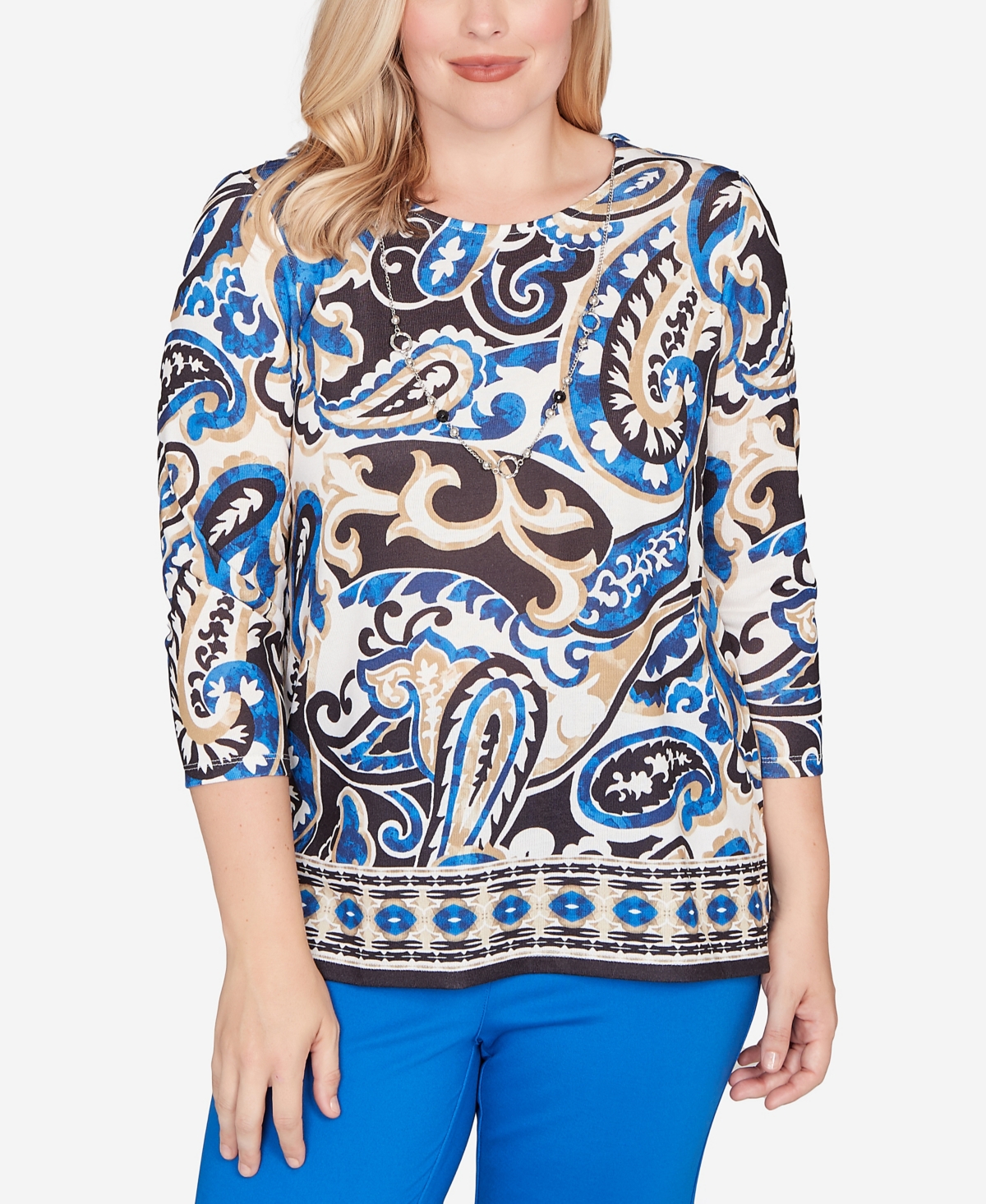 Alfred Dunner Barcelona Paisley Knit Top With Necklace In Multi