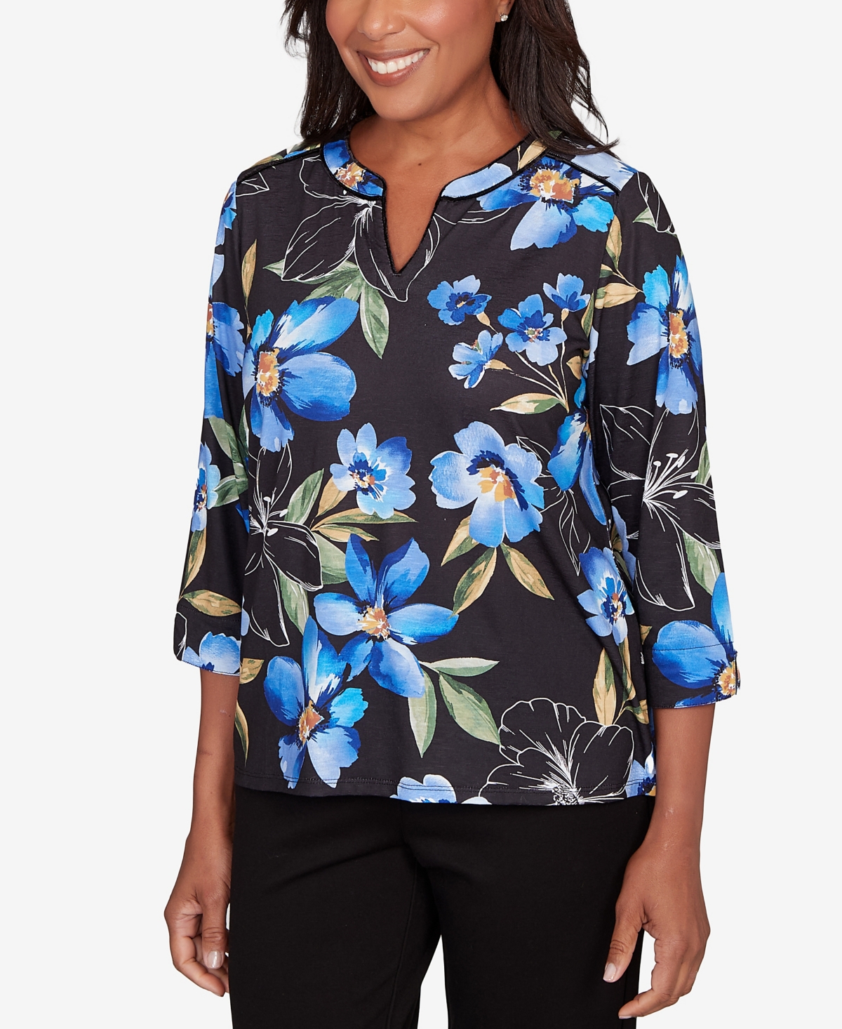 Alfred Dunner Petite Barcelona Watercolor Floral Velvet Trim Top In Black