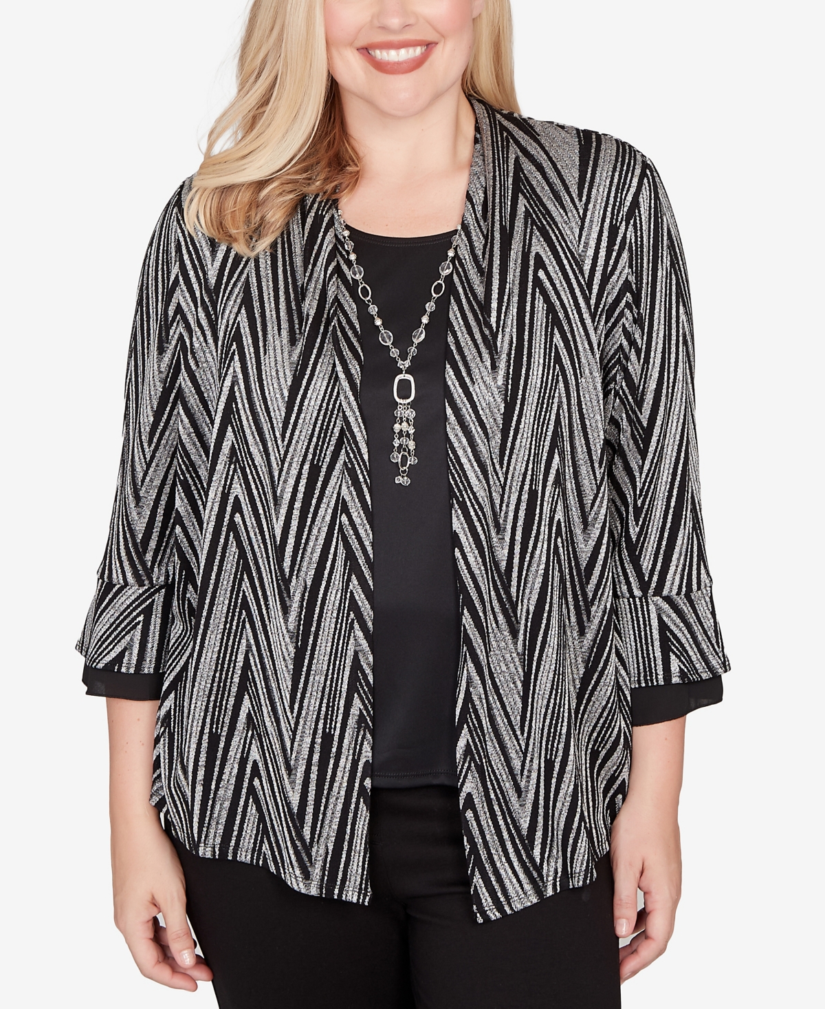 Alfred Dunner Plus Size Barcelona Metallic Chevron Two In One Top With Necklace In Multi