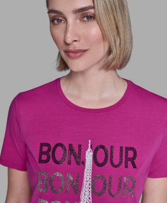 Women's Crewneck Bonjour Eiffel Tower Embellished T-Shirt