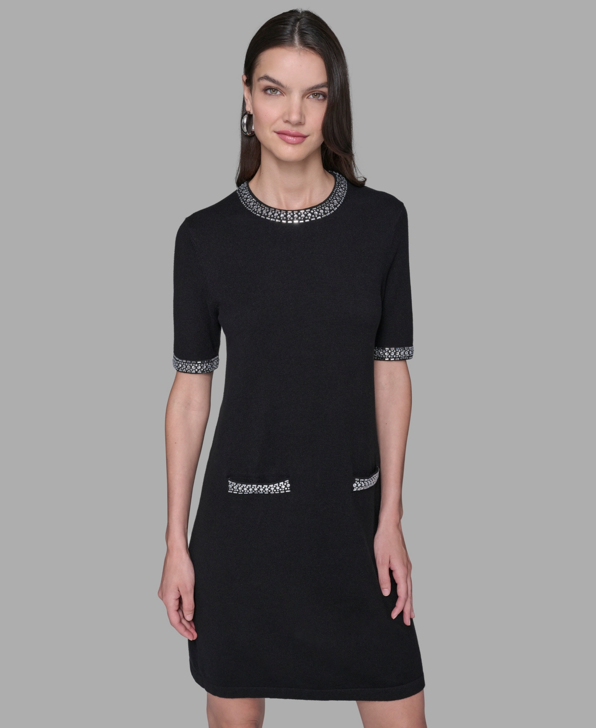 Karl Lagerfeld Women's Crewneck Embellished Shift Dress In Black