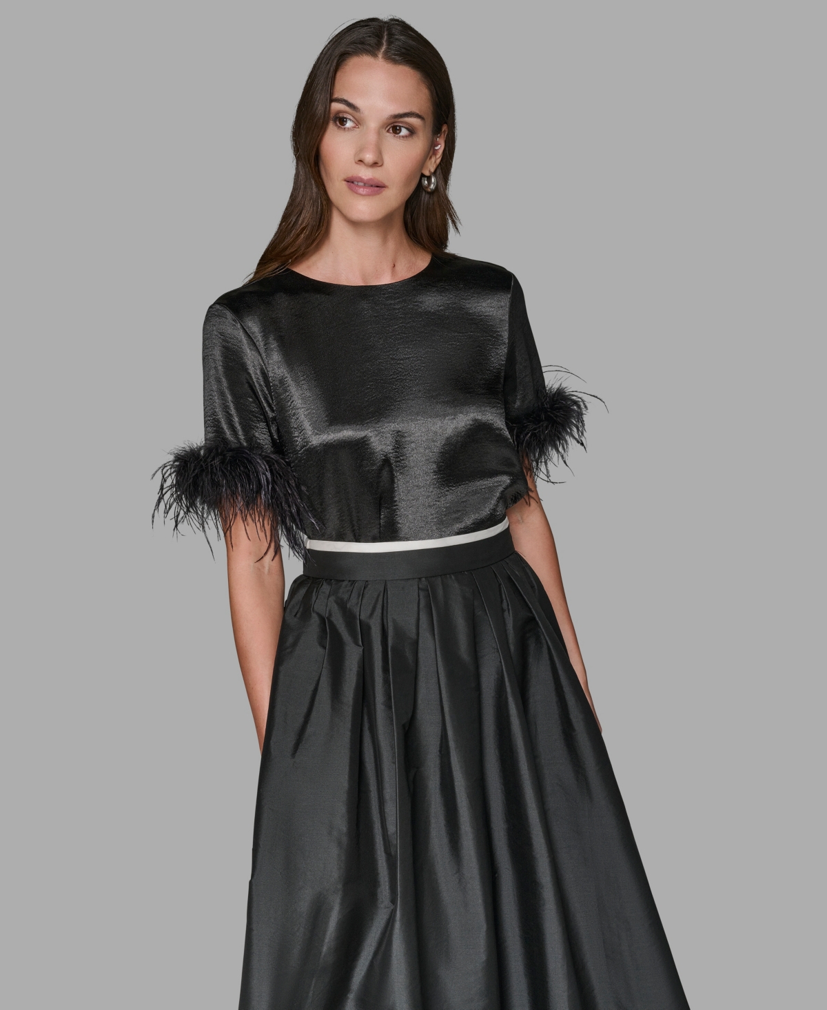 Karl Lagerfeld Paris Women's Crewneck Feather Trim Top