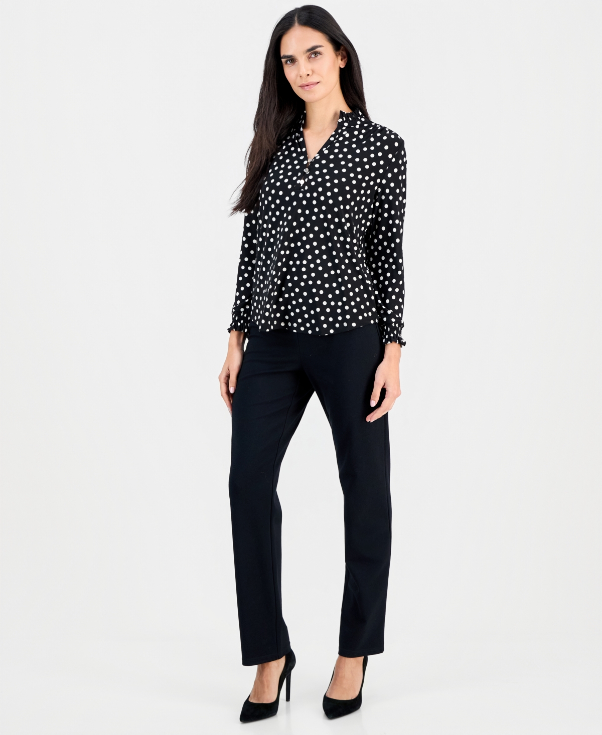 Ak Anne Klein Plus Size Dot-print Ruffe-neck Smocked-cuff Top In Multi