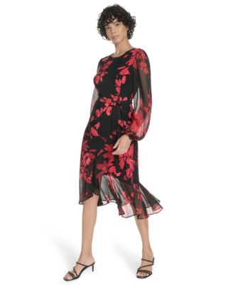 Petite Long-Sleeve Chiffon Combo Midi Dress