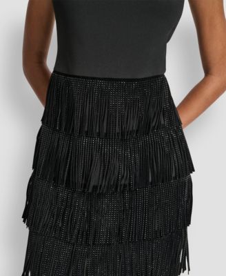 Women's Sleeveless Tiered Studded Fringe Shift Dress