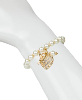 Imitation Cultivated Pearl Worn Gold-Tone Stretch Charm Bracelet
