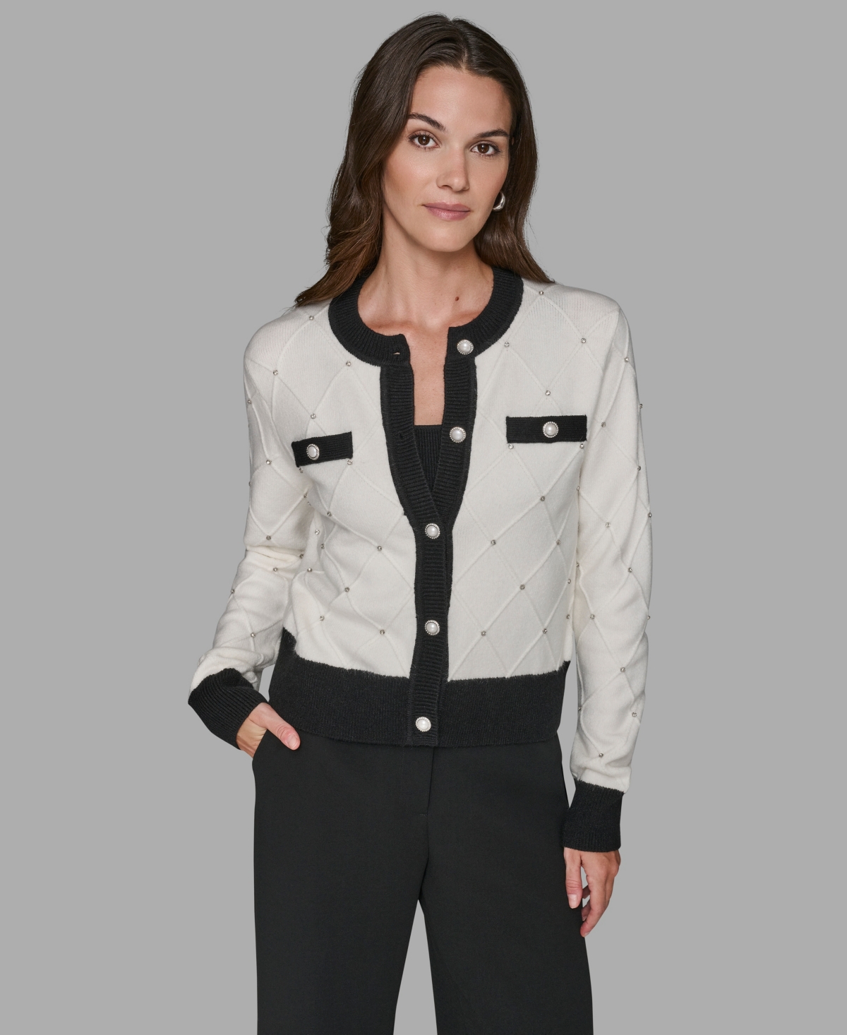Karl Lagerfeld Women's Crew Neck Front-button Cardigan Sweater In Multi