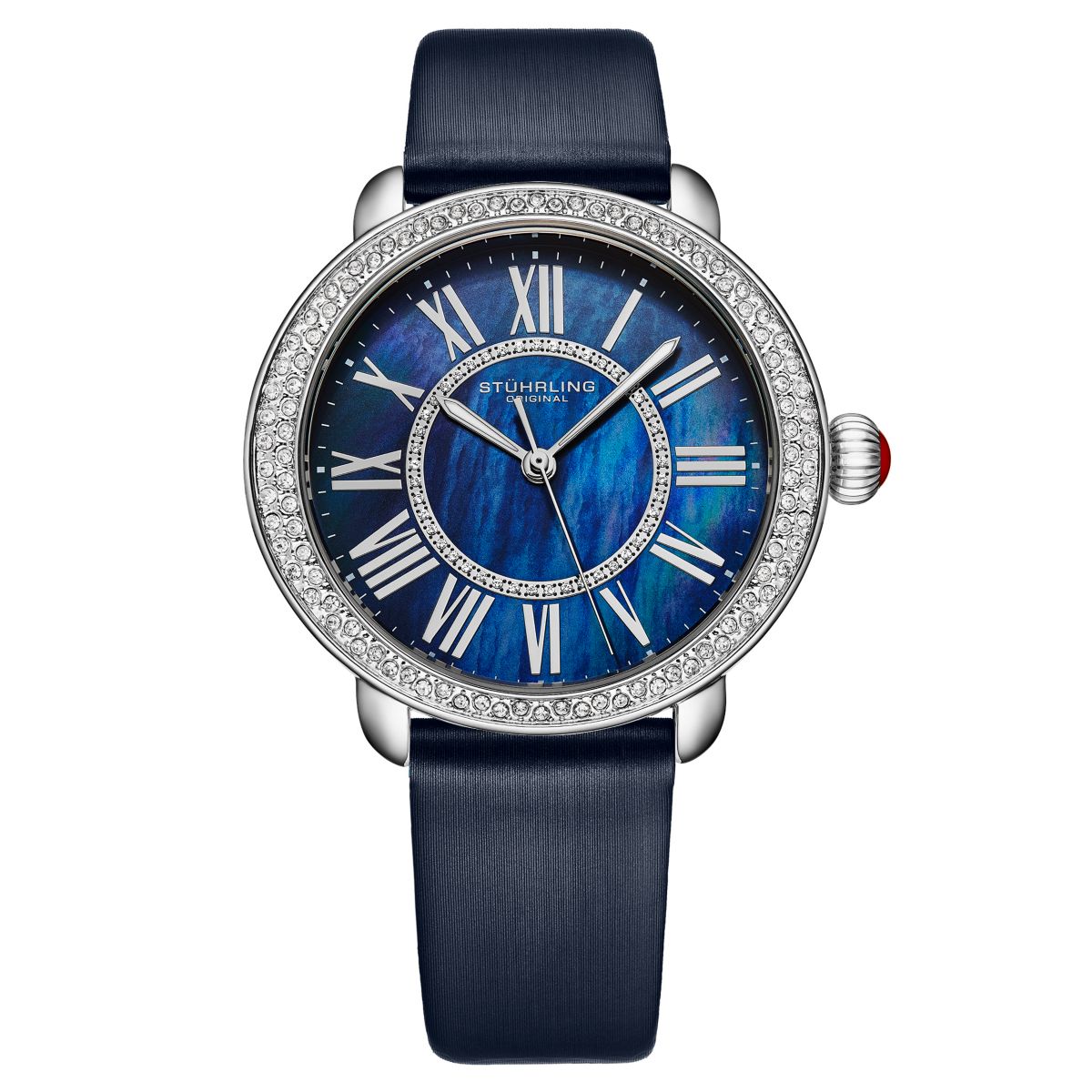 Элегантные женские часы для платья диаметром 40 мм – Модель 4068, синий ремешок из атласной кожи, вставки из хрусталя